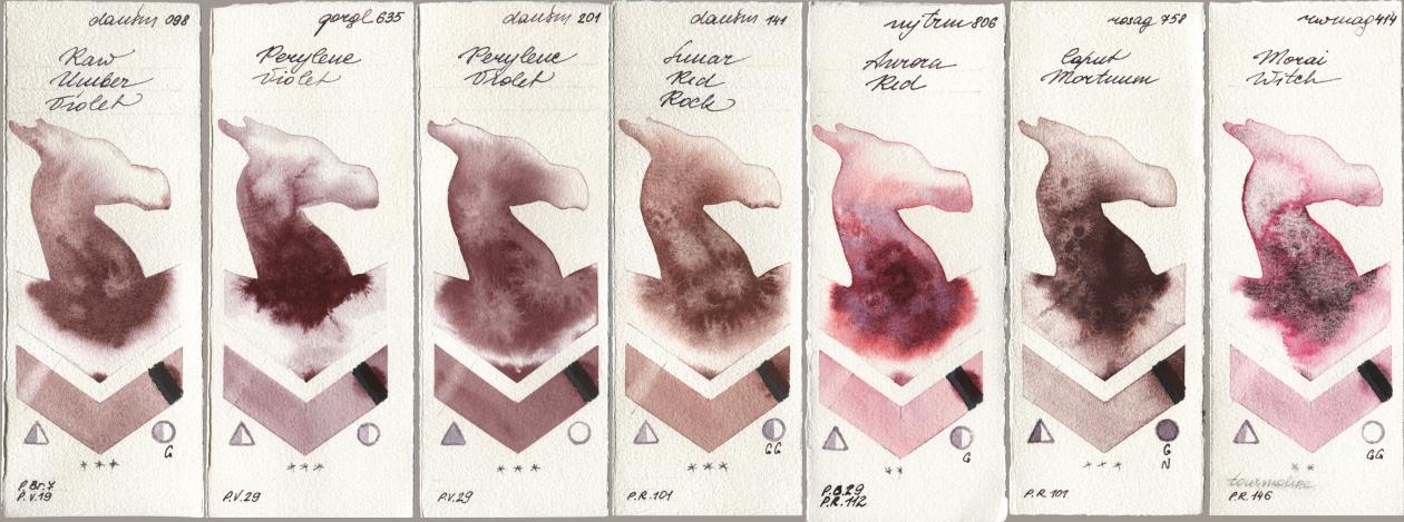 Daniel Smith 098 Raw Umber Violet, Golden QOR 635 Perylene Violet, 201 Perylene Violet, 141 Lunar Red Rock, Mijello Mission Gold 806 Aurora Red, Rosa Gallery 758 Caput Mortuum, Rockwell 414 Morai Wit watercolor swatch