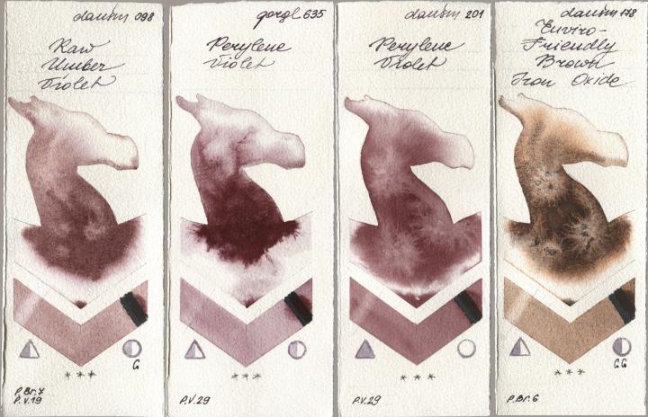 Daniel Smith 098 Raw Umber Violet, Golden QOR 635 Perylene Violet, 201 Perylene Violet, 178 Enviro-Friendly Brown Iron Oxi watercolor swatch