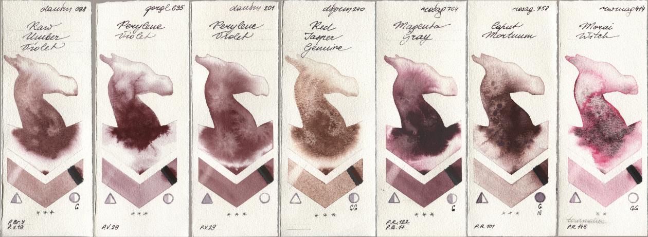 Daniel Smith 098 Raw Umber Violet, Golden QOR 635 Perylene Violet, 201 Perylene Violet, 240 Red Jasper Genuine, Rosa Gallery 764 Magenta Gray, 758 Caput Mortuum, Rockwell 414 Morai Wit watercolor swatch