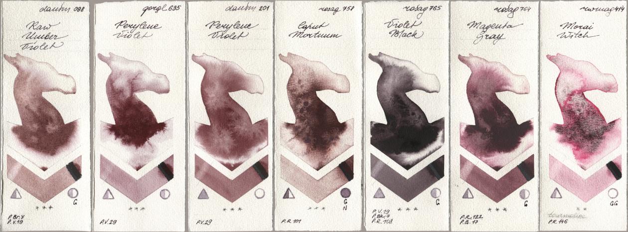 Daniel Smith 098 Raw Umber Violet, Golden QOR 635 Perylene Violet, 201 Perylene Violet, Rosa Gallery 758 Caput Mortuum, 765 Violet Black, 764 Magenta Gray, Rockwell 414 Morai Wit watercolor swatch