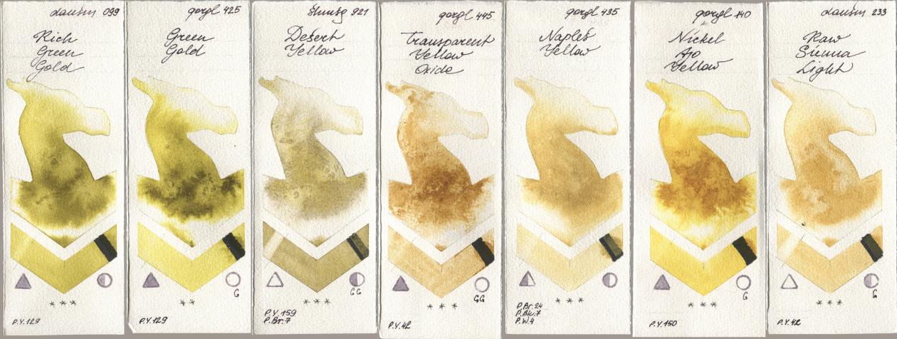 Daniel Smith 099 Rich Green Gold, Golden QOR 425 Green Gold, Shminke Horadam Aquarell 921 Desert Yellow, 445 Transparent Yellow Oxide, 435 Naples Yellow, 140 Nickel Azo Yellow, 233 Raw Sienna Lig watercolor swatch