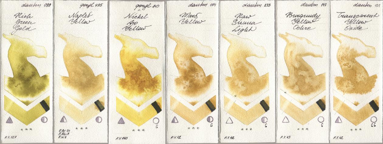 Daniel Smith 099 Rich Green Gold, Golden QOR 435 Naples Yellow, 140 Nickel Azo Yellow, 054 Mars Yellow, 233 Raw Sienna Light, 147 Burgundy Yellow Ochre, 131 Transparent Yellow Oxi watercolor swatch