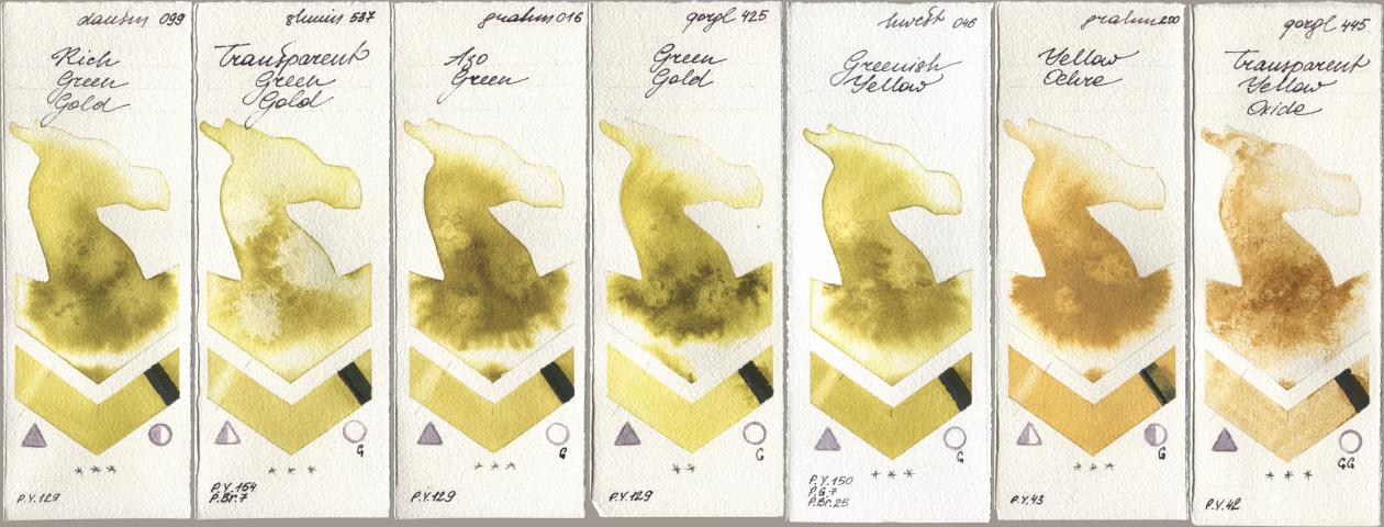 Daniel Smith 099 Rich Green Gold, Shminke Horadam Aquarell 537 Transparent Green Gold, M. Graham & Co. Artists 016 Azo Green, Golden QOR 425 Green Gold, Holbein Artists Watercolor 046 Greenish Yellow, 200 Yellow Ochre, 445 Transparent Yellow Oxi watercolor swatch