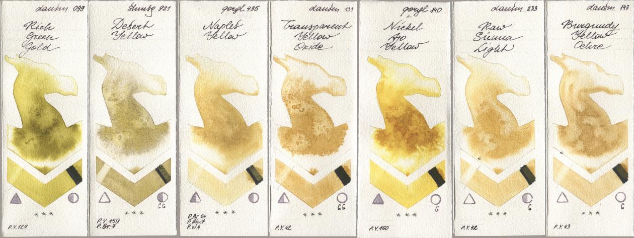Daniel Smith 099 Rich Green Gold, Shminke Horadam Aquarell 921 Desert Yellow, Golden QOR 435 Naples Yellow, 131 Transparent Yellow Oxide, 140 Nickel Azo Yellow, 233 Raw Sienna Light, 147 Burgundy Yellow Och watercolor swatch