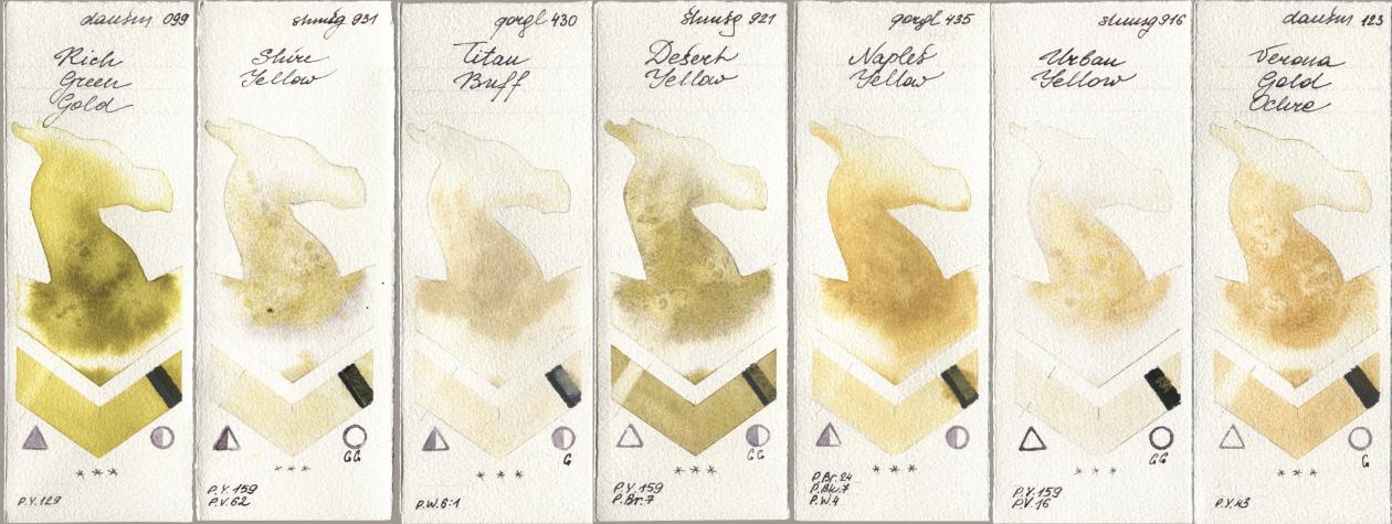 Daniel Smith 099 Rich Green Gold, Shminke Horadam Aquarell 931 Shire Yellow, Golden QOR 430 Titan Buff, 921 Desert Yellow, 435 Naples Yellow, 916 Urban Yellow, 123 Verona Gold Och watercolor swatch