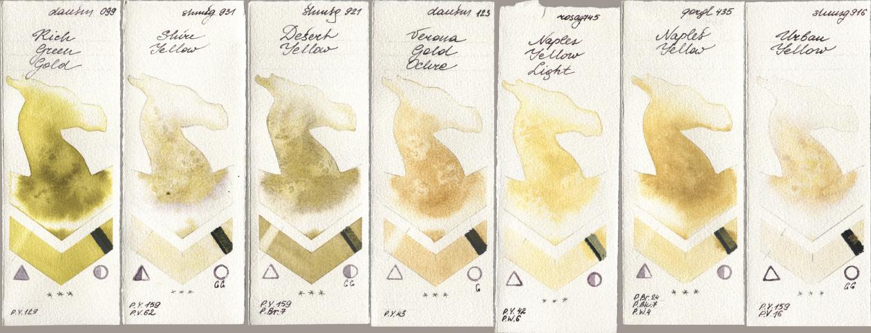 Daniel Smith 099 Rich Green Gold, Shminke Horadam Aquarell 931 Shire Yellow, 921 Desert Yellow, 123 Verona Gold Ochre, Rosa Gallery 745 Naples Yellow Light, Golden QOR 435 Naples Yellow, 916 Urban Yell watercolor swatch