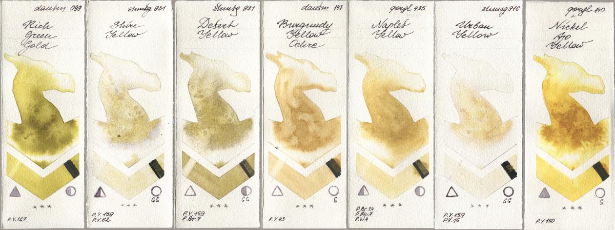 Daniel Smith 099 Rich Green Gold, Shminke Horadam Aquarell 931 Shire Yellow, 921 Desert Yellow, 147 Burgundy Yellow Ochre, Golden QOR 435 Naples Yellow, 916 Urban Yellow, 140 Nickel Azo Yell watercolor swatch