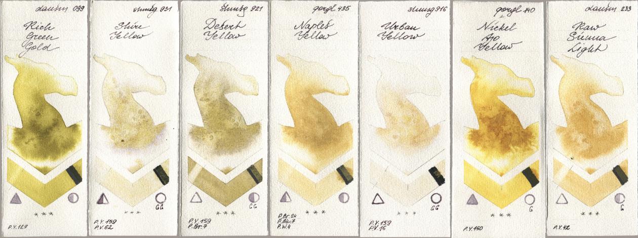 Daniel Smith 099 Rich Green Gold, Shminke Horadam Aquarell 931 Shire Yellow, 921 Desert Yellow, Golden QOR 435 Naples Yellow, 916 Urban Yellow, 140 Nickel Azo Yellow, 233 Raw Sienna Lig watercolor swatch