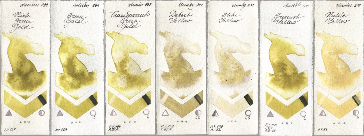 Daniel Smith 099 Rich Green Gold, Winsor & Newton Professional 294 Green Gold, Shminke Horadam Aquarell 537 Transparent Green Gold, 921 Desert Yellow, 931 Shire Yellow, Holbein Artists Watercolor 046 Greenish Yellow, 205 Rutile Yell watercolor swatch