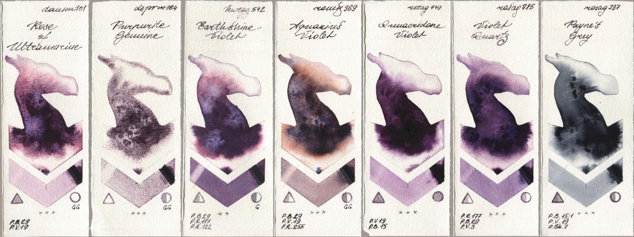 Daniel Smith 101 Rose of Ultramarine, 164 Purpurite Genuine, Holbein Artists Watercolor 542 Earthshine Violet, Roman Szmal Aquarius 369 Aquarius Violet, Rosa Gallery 749 Quinacridone Violet, 785 Violet Quartz, 737 Paynes Gr watercolor swatch
