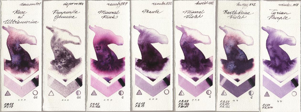 Daniel Smith 101 Rose of Ultramarine, 164 Purpurite Genuine, Roman Szmal Aquarius 379 Mineral Pink, Royal Talens Rembrandt Watercolour 532 Mauve, Holbein Artists Watercolor 112 Mineral Violet, 542 Earthshine Violet, Winsor & Newton Professional 419 Tyrian Purp watercolor swatch