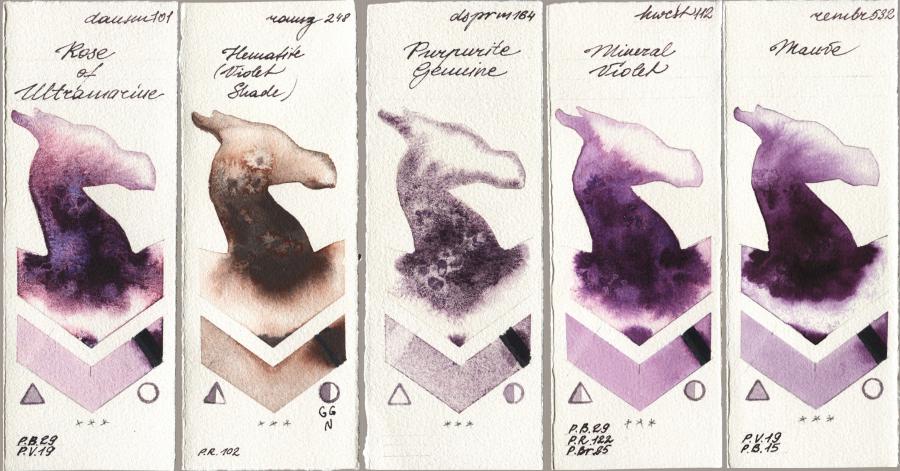 Daniel Smith 101 Rose of Ultramarine vs Roman Szmal Aquarius 248 Hematite (Violet Shade) vs 164 Purpurite Genuine vs Holbein Artists Watercolor 112 Mineral Violet vs Royal Talens Rembrandt Watercolour 532 Mauve watercolor swatch