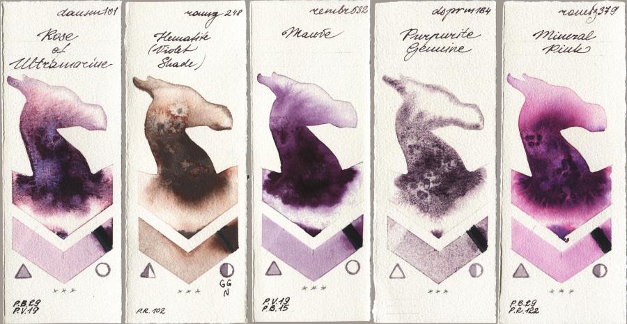 Daniel Smith 101 Rose of Ultramarine vs Roman Szmal Aquarius 248 Hematite (Violet Shade) vs Royal Talens Rembrandt Watercolour 532 Mauve vs 164 Purpurite Genuine vs 379 Mineral Pink watercolor swatch