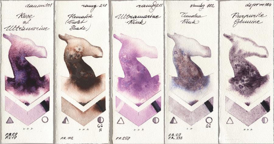 Daniel Smith 101 Rose of Ultramarine vs Roman Szmal Aquarius 248 Hematite (Violet Shade) vs 215 Ultramarine Pink vs Shminke Horadam Aquarell 982 Tundra Pink vs 164 Purpurite Genuine watercolor swatch