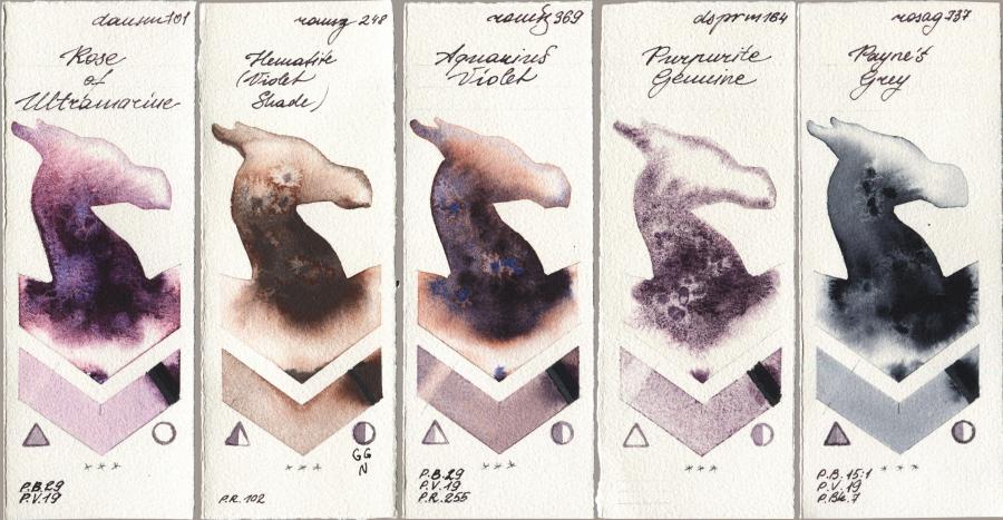 Daniel Smith 101 Rose of Ultramarine vs Roman Szmal Aquarius 248 Hematite (Violet Shade) vs 369 Aquarius Violet vs 164 Purpurite Genuine vs Rosa Gallery 737 Paynes Grey watercolor swatch