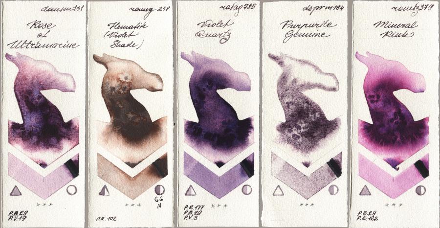 Daniel Smith 101 Rose of Ultramarine vs Roman Szmal Aquarius 248 Hematite (Violet Shade) vs Rosa Gallery 785 Violet Quartz vs 164 Purpurite Genuine vs 379 Mineral Pink watercolor swatch