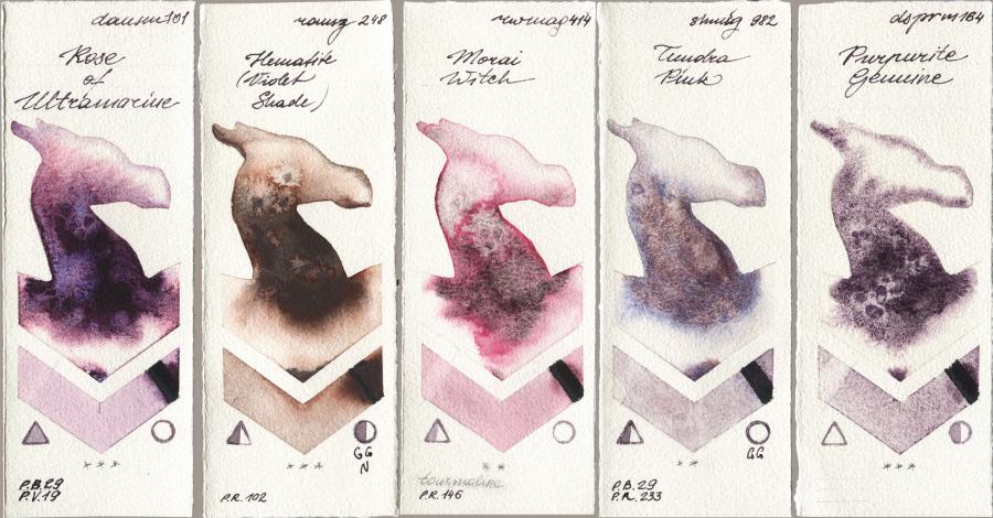 Daniel Smith 101 Rose of Ultramarine vs Roman Szmal Aquarius 248 Hematite (Violet Shade) vs Rockwell 414 Morai Witch vs Shminke Horadam Aquarell 982 Tundra Pink vs 164 Purpurite Genuine watercolor swatch