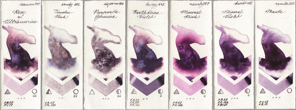 Daniel Smith 101 Rose of Ultramarine, Shminke Horadam Aquarell 982 Tundra Pink, 164 Purpurite Genuine, Holbein Artists Watercolor 542 Earthshine Violet, Roman Szmal Aquarius 379 Mineral Pink, 112 Mineral Violet, Royal Talens Rembrandt Watercolour 532 Mau watercolor swatch