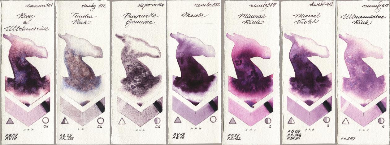 Daniel Smith 101 Rose of Ultramarine, Shminke Horadam Aquarell 982 Tundra Pink, 164 Purpurite Genuine, Royal Talens Rembrandt Watercolour 532 Mauve, Roman Szmal Aquarius 379 Mineral Pink, Holbein Artists Watercolor 112 Mineral Violet, 215 Ultramarine Pi watercolor swatch