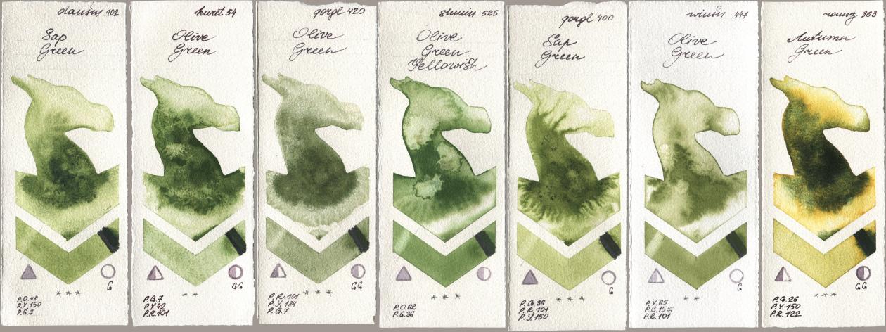 Daniel Smith 102 Sap Green, Kuretake Gansai Tambi 054 Olive Green, Golden QOR 420 Olive Green, Shminke Horadam Aquarell 525 Olive Green Yellowish, 400 Sap Green, Winsor & Newton Professional 447 Olive Green, Roman Szmal Aquarius 363 Autumn Gre watercolor swatch
