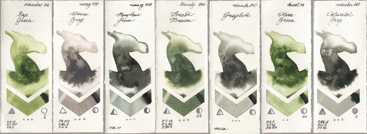 Daniel Smith 102 Sap Green, Rosa Gallery 759 Warm Grey, Roman Szmal Aquarius 409 Perylene Green, Shminke Horadam Aquarell 944 Forest Brown, Royal Talens Rembrandt Watercolour 840 Graphite, Kuretake Gansai Tambi 054 Olive Green, Winsor & Newton Professional 428 Ostwald Gr watercolor swatch