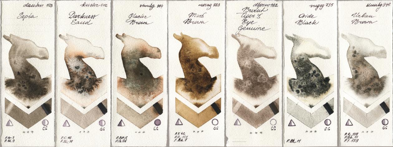 Daniel Smith 103 Sepia, Kusakabe 012 Darkness Sand, Shminke Horadam Aquarell 964 Glacier Brown, Rosa Gallery 723 Mars Brown, 162 Burnt Tigers Eye Genuine, Royal Talens Van Gogh Watercolour 735 Oxide Black, 946 Urban Bro watercolor swatch