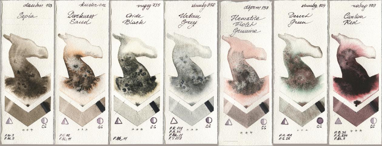 Daniel Smith 103 Sepia, Kusakabe 012 Darkness Sand, Royal Talens Van Gogh Watercolour 735 Oxide Black, Shminke Horadam Aquarell 956 Urban Grey, 157 Hematite Violet Genuine, 924 Desert Green, Rosa Gallery 769 Carbon R watercolor swatch