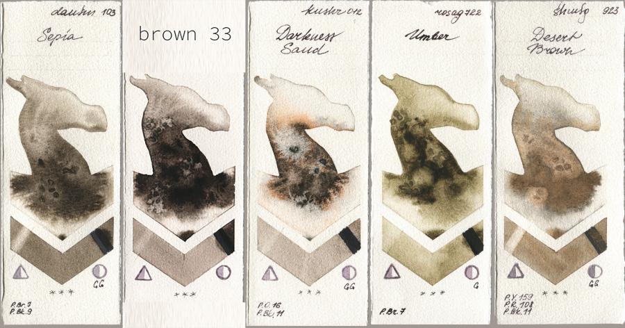 Daniel Smith 103 Sepia, my 033 brown33, Kusakabe 012 Darkness Sand, Rosa Gallery 722 Umber, Shminke Horadam Aquarell 923 Desert Bro watercolor swatch