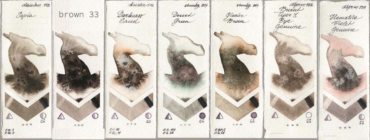 Daniel Smith 103 Sepia, my 033 brown33, Kusakabe 012 Darkness Sand, Shminke Horadam Aquarell 924 Desert Green, 964 Glacier Brown, 162 Burnt Tigers Eye Genuine, 157 Hematite Violet Genui watercolor swatch