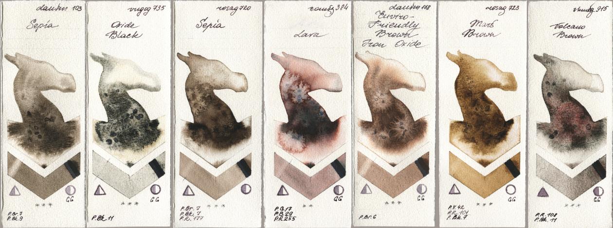 Daniel Smith 103 Sepia, Royal Talens Van Gogh Watercolour 735 Oxide Black, Rosa Gallery 720 Sepia, Roman Szmal Aquarius 384 Lava, 178 Enviro-Friendly Brown Iron Oxide, 723 Mars Brown, Shminke Horadam Aquarell 915 Volcano Bro watercolor swatch