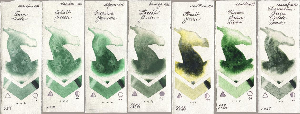 Daniel Smith 104 Terre Verte, 026 Cobalt Green, 210 Diopside Genuine, Shminke Horadam Aquarell 942 Forest Green, Mijello Mission Gold 830 Forest Green, Royal Talens Rembrandt Watercolour 644 Hooker Green Light, Roman Szmal Aquarius 270 Chromium Green Oxide Da watercolor swatch