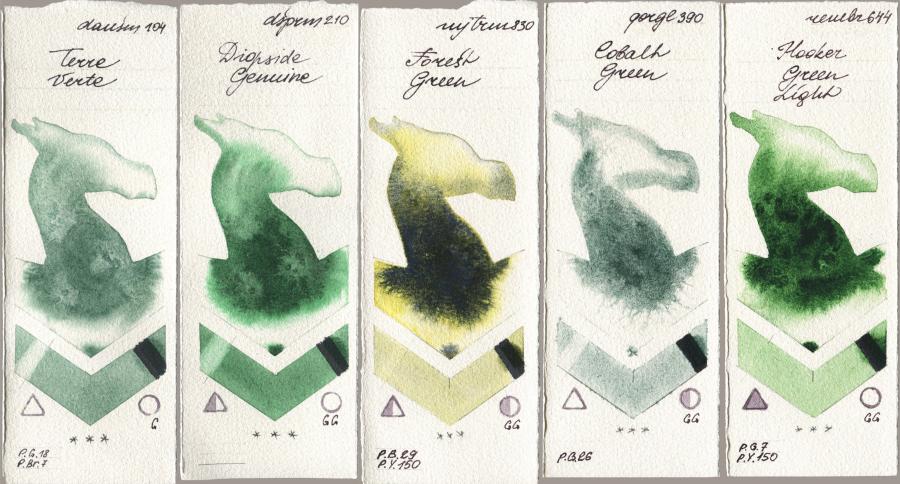 Daniel Smith 104 Terre Verte, 210 Diopside Genuine, Mijello Mission Gold 830 Forest Green, Golden QOR 390 Cobalt Green, Royal Talens Rembrandt Watercolour 644 Hooker Green Lig watercolor swatch