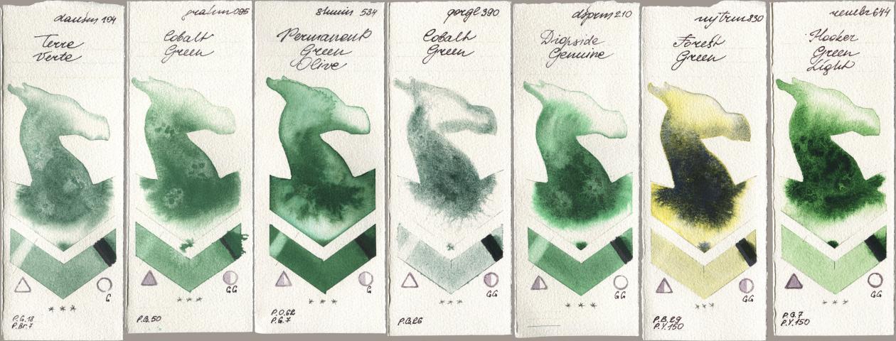 Daniel Smith 104 Terre Verte, M. Graham & Co. Artists 095 Cobalt Green, Shminke Horadam Aquarell 534 Permanent Green Olive, Golden QOR 390 Cobalt Green, 210 Diopside Genuine, Mijello Mission Gold 830 Forest Green, Royal Talens Rembrandt Watercolour 644 Hooker Green Lig watercolor swatch