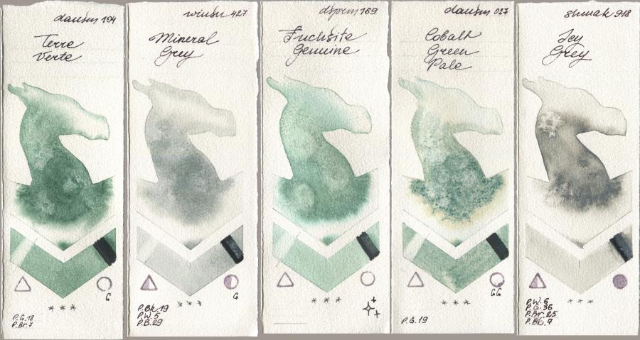 Daniel Smith 104 Terre Verte, Winsor & Newton Professional 427 Mineral Grey, 169 Fuchsite Genuine, 027 Cobalt Green Pale, Shminke Akademie Aquarell 918 Icy Gr watercolor swatch
