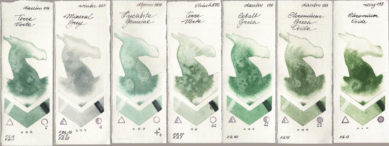 Daniel Smith 104 Terre Verte, Winsor & Newton Professional 427 Mineral Grey, 169 Fuchsite Genuine, Shinhan PWC 592 Terre Verte, 026 Cobalt Green, 024 Chromium Green Oxide, Rosa Gallery 743 Chromium Oxi watercolor swatch