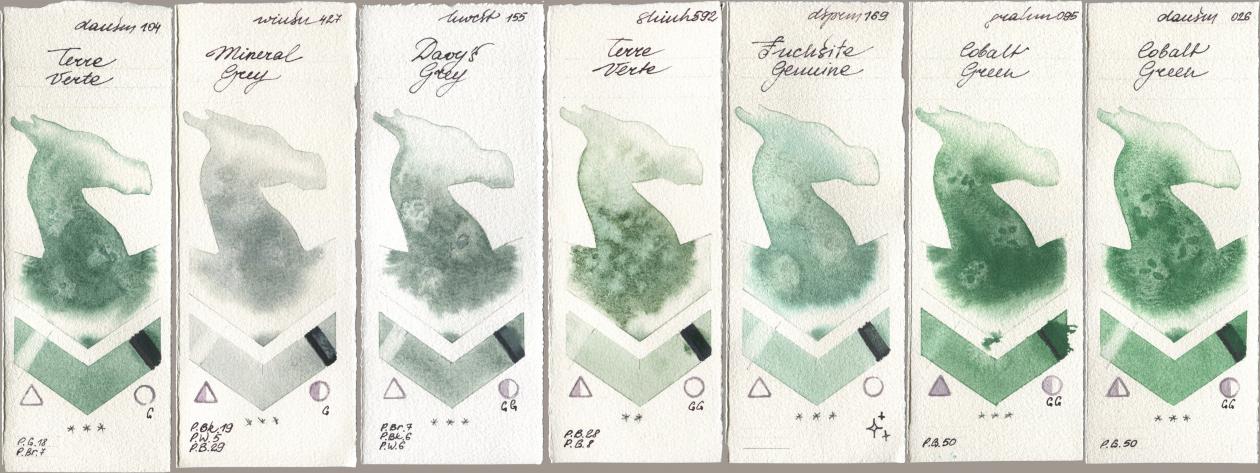 Daniel Smith 104 Terre Verte, Winsor & Newton Professional 427 Mineral Grey, Holbein Artists Watercolor 155 Davys Grey, Shinhan PWC 592 Terre Verte, 169 Fuchsite Genuine, M. Graham & Co. Artists 095 Cobalt Green, 026 Cobalt Gre watercolor swatch