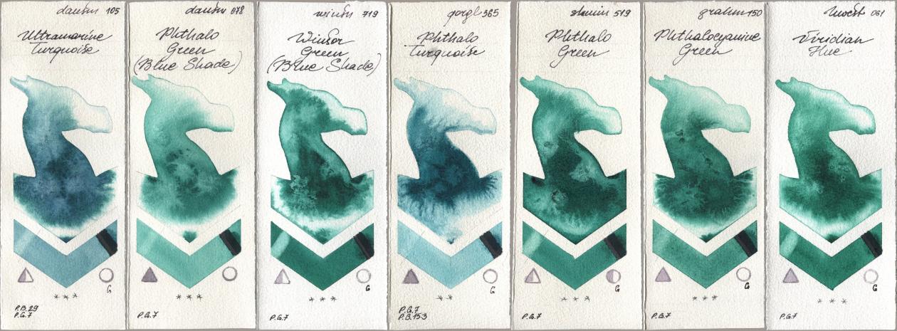 Daniel Smith 105 Ultramarine Turquoise, 078 Phthalo Green (Blue Shade), Winsor & Newton Professional 719 Winsor Green (Blue Shade), Golden QOR 365 Phthalo Turquoise, Shminke Horadam Aquarell 519 Phthalo Green, M. Graham & Co. Artists 150 Phthalocyanine Green, Holbein Artists Watercolor 061 Virdian H watercolor swatch