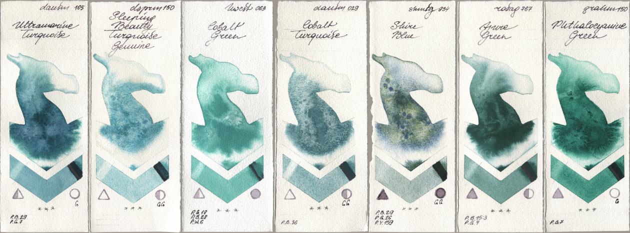 Daniel Smith 105 Ultramarine Turquoise, 150 Sleeping Beauty Turquoise Genuine, Holbein Artists Watercolor 063 Cobalt Green, 029 Cobalt Turquoise, Shminke Horadam Aquarell 934 Shire Blue, Rosa Gallery 767 Azure Green, M. Graham & Co. Artists 150 Phthalocyanine Gre watercolor swatch