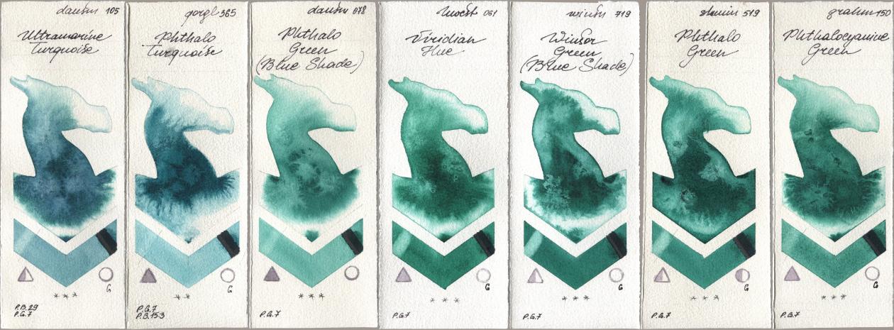 Daniel Smith 105 Ultramarine Turquoise, Golden QOR 365 Phthalo Turquoise, 078 Phthalo Green (Blue Shade), Holbein Artists Watercolor 061 Virdian Hue, Winsor & Newton Professional 719 Winsor Green (Blue Shade), Shminke Horadam Aquarell 519 Phthalo Green, M. Graham & Co. Artists 150 Phthalocyanine Gre watercolor swatch