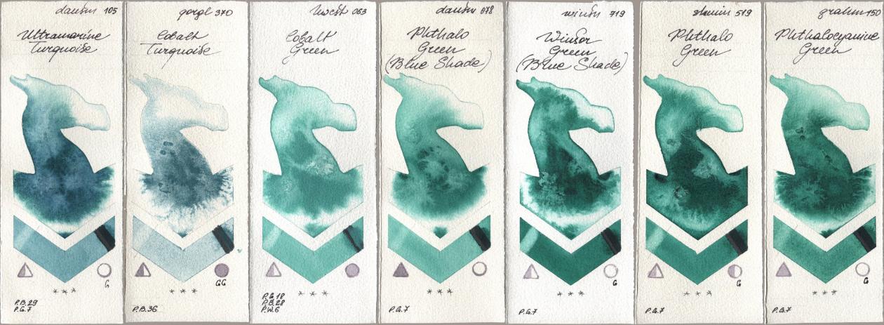 Daniel Smith 105 Ultramarine Turquoise, Golden QOR 370 Cobalt Turquoise, Holbein Artists Watercolor 063 Cobalt Green, 078 Phthalo Green (Blue Shade), Winsor & Newton Professional 719 Winsor Green (Blue Shade), Shminke Horadam Aquarell 519 Phthalo Green, M. Graham & Co. Artists 150 Phthalocyanine Gre watercolor swatch