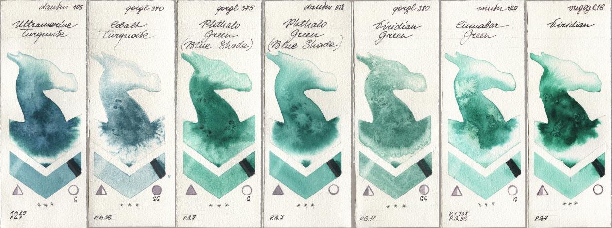 Daniel Smith 105 Ultramarine Turquoise, Golden QOR 370 Cobalt Turquoise, 375 Phthalo Green (Blue Shade), 078 Phthalo Green (Blue Shade), 380 Viridian Green, Winsor & Newton Professional 420 Cinnabar Green, Royal Talens Van Gogh Watercolour 616 Viridi watercolor swatch