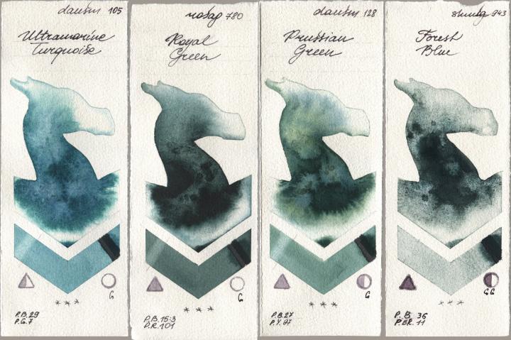 Daniel Smith 105 Ultramarine Turquoise, Rosa Gallery 780 Royal Green, 128 Prussian Green, Shminke Horadam Aquarell 943 Forest Bl watercolor swatch