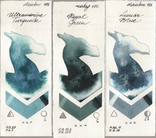 Daniel Smith 105 Ultramarine Turquoise, Rosa Gallery 780 Royal Green, 183 Lunar Bl watercolor swatch