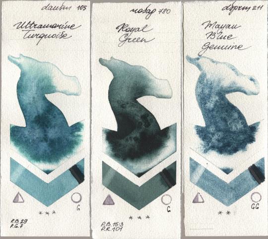 Daniel Smith 105 Ultramarine Turquoise, Rosa Gallery 780 Royal Green, 211 Mayan Blue Genui watercolor swatch
