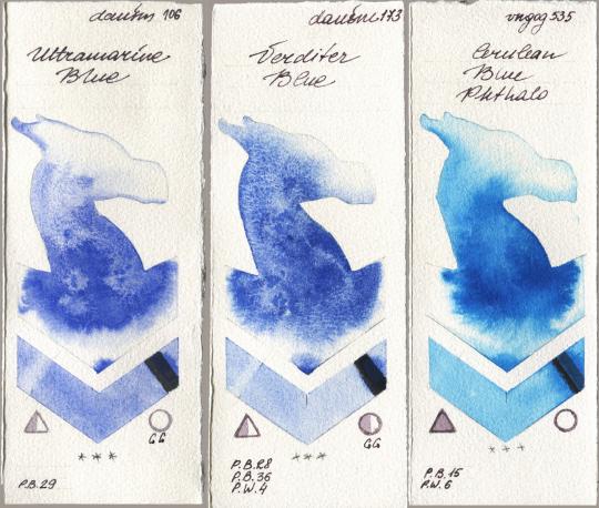 Daniel Smith 106 Ultramarine Blue, 173 Verditer Blue, Royal Talens Van Gogh Watercolour 535 Cerulean Blue Phtha watercolor swatch