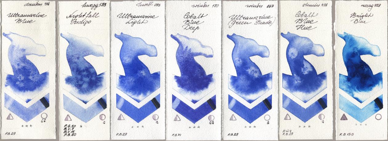 Daniel Smith 106 Ultramarine Blue, Holbein Artists Watercolor 533 Nightfall Indigo, 093 Ultramarine Light, Winsor & Newton Professional 180 Cobalt Blue Deep, 667 Ultramarine (Green Shade), Shminke Horadam Aquarell 486 Cobalt Blue Hue, Rosa Gallery 729 Bright Bl watercolor swatch