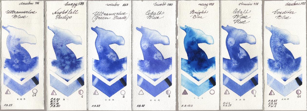 Daniel Smith 106 Ultramarine Blue, Holbein Artists Watercolor 533 Nightfall Indigo, Winsor & Newton Professional 667 Ultramarine (Green Shade), 090 Cobalt Blue, Rosa Gallery 729 Bright Blue, Shminke Horadam Aquarell 486 Cobalt Blue Hue, 173 Verditer Bl watercolor swatch