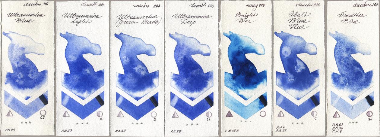 Daniel Smith 106 Ultramarine Blue, Holbein Artists Watercolor 093 Ultramarine Light, Winsor & Newton Professional 667 Ultramarine (Green Shade), 094 Ultramarine Deep, Rosa Gallery 729 Bright Blue, Shminke Horadam Aquarell 486 Cobalt Blue Hue, 173 Verditer Bl watercolor swatch