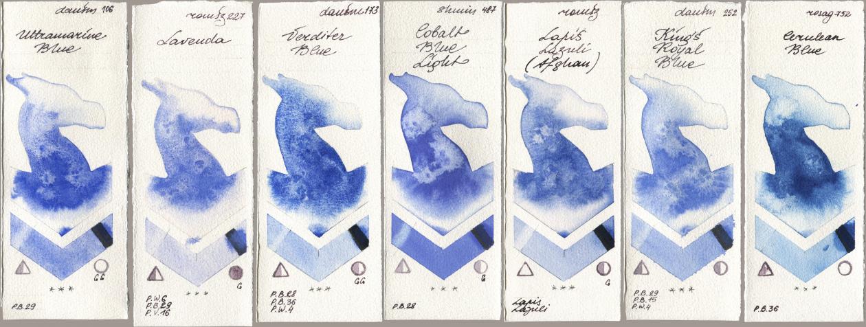 Daniel Smith 106 Ultramarine Blue, Roman Szmal Aquarius 227 Lavenda, 173 Verditer Blue, Shminke Horadam Aquarell 487 Cobalt Blue Light, 999 Lapis Lazuli Afghan, 252 King’s Royal Blue, Rosa Gallery 752 Cerulean Bl watercolor swatch