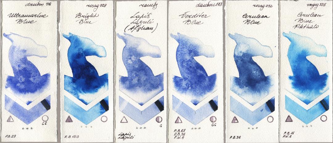 Daniel Smith 106 Ultramarine Blue, Rosa Gallery 729 Bright Blue, Roman Szmal Aquarius 999 Lapis Lazuli Afghan, 173 Verditer Blue, 752 Cerulean Blue, Royal Talens Van Gogh Watercolour 535 Cerulean Blue Phtha watercolor swatch